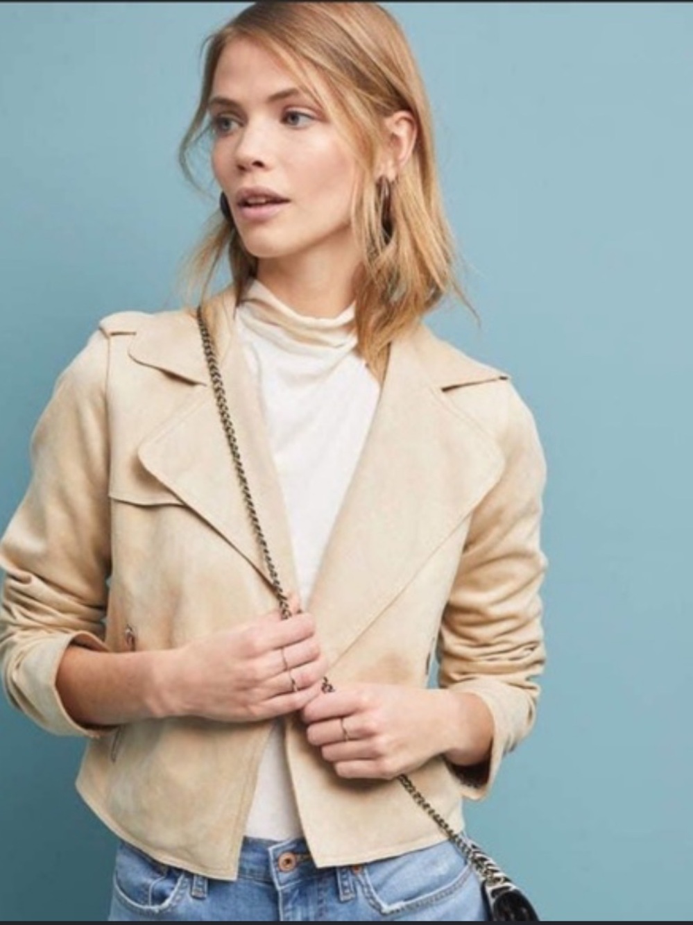 Anthropologie Cropped Moto Jacket Open Front Faux Suede Tan Size Medium